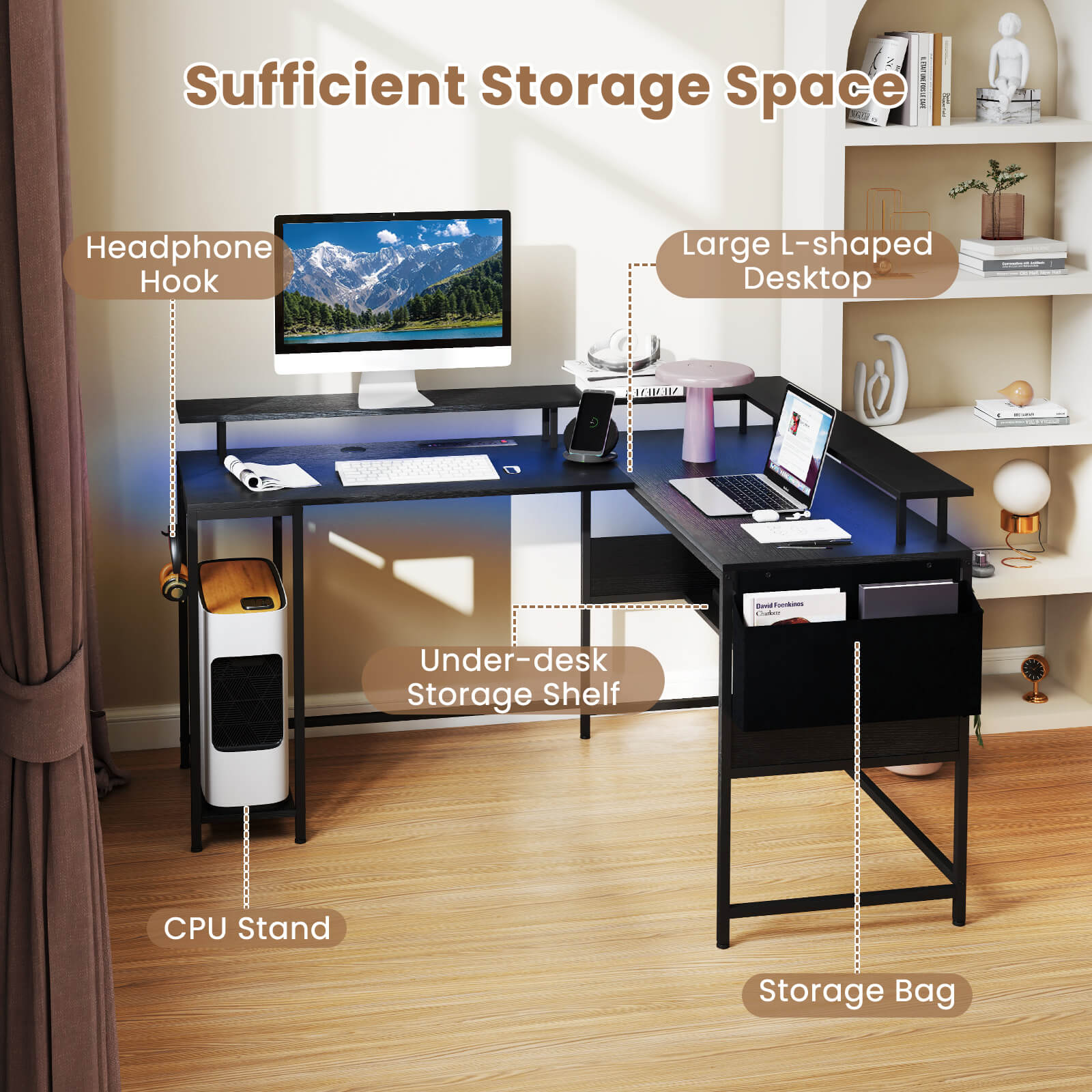 L-Shaped Home Office Gaming Desk with LED Lights and Power Outlets-Black