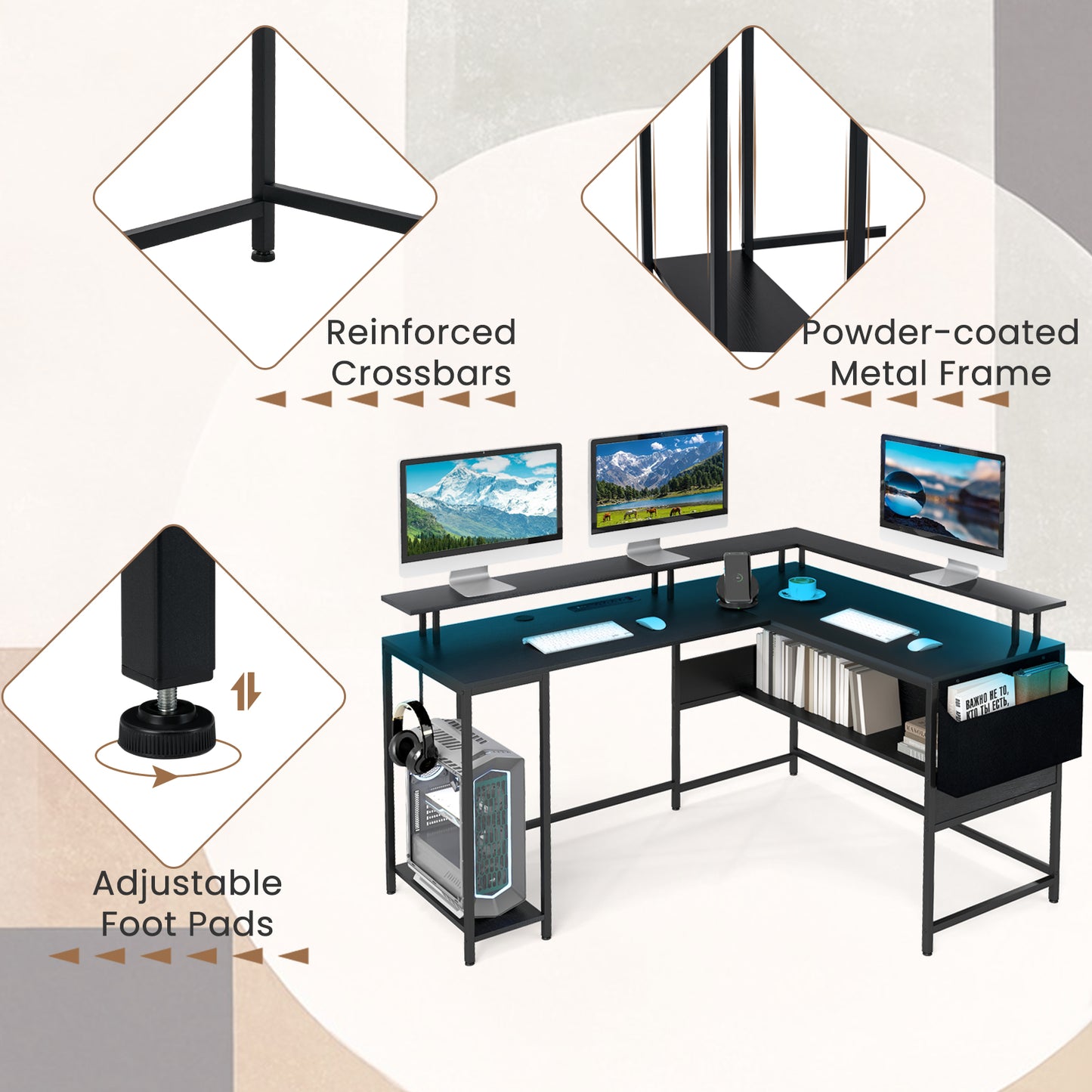 L-Shaped Home Office Gaming Desk with LED Lights and Power Outlets-Black