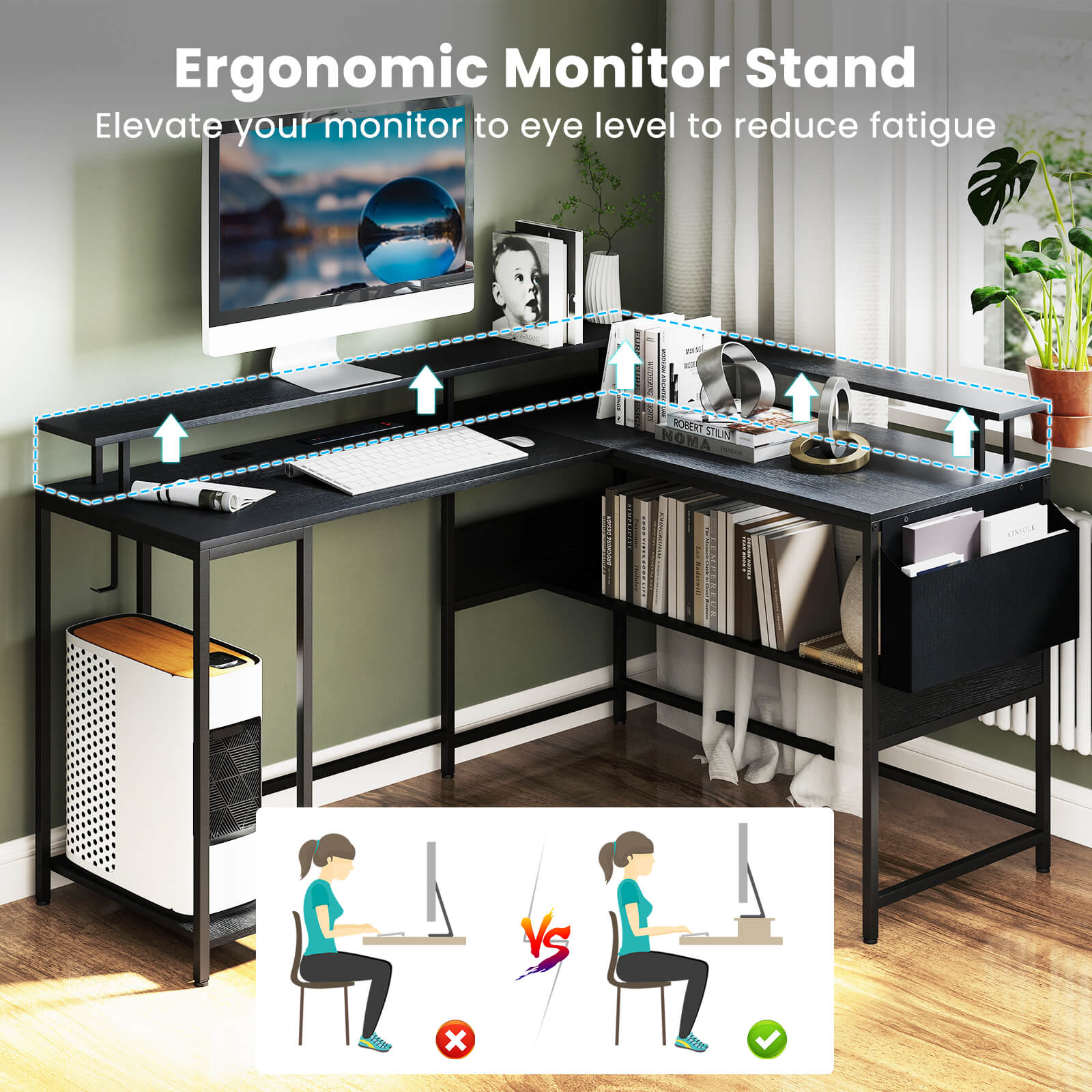 L-Shaped Home Office Gaming Desk with LED Lights and Power Outlets-Black