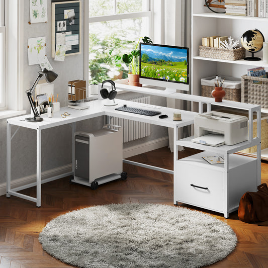 L-shaped Desk with Power Outlet and File Drawer for Gaming-White