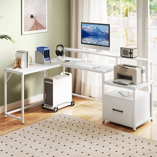 L-shaped Desk with Power Outlet and File Drawer for Gaming-White