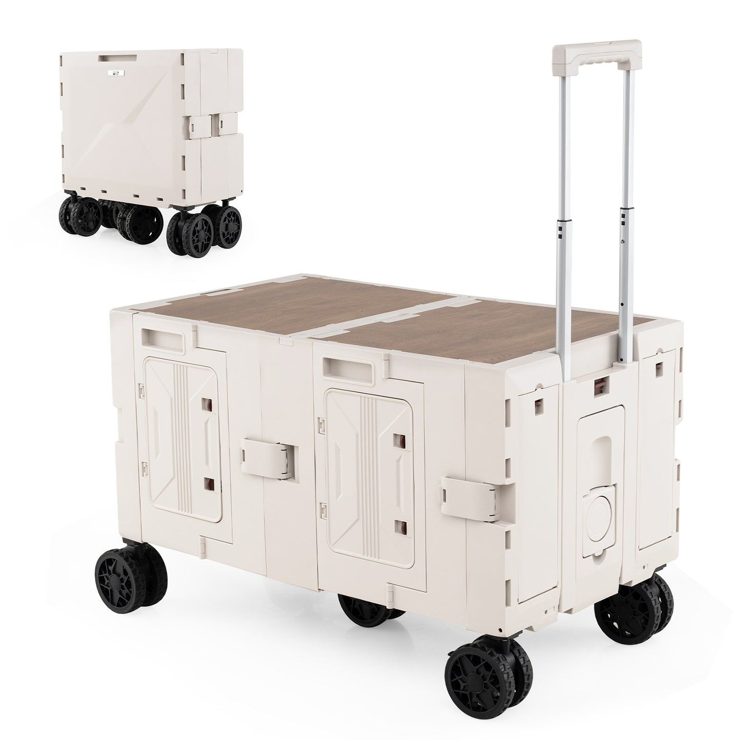 Large Foldable Utility Cart with Storage Crates Rotate Wheels Metal Telescoping Handle-White