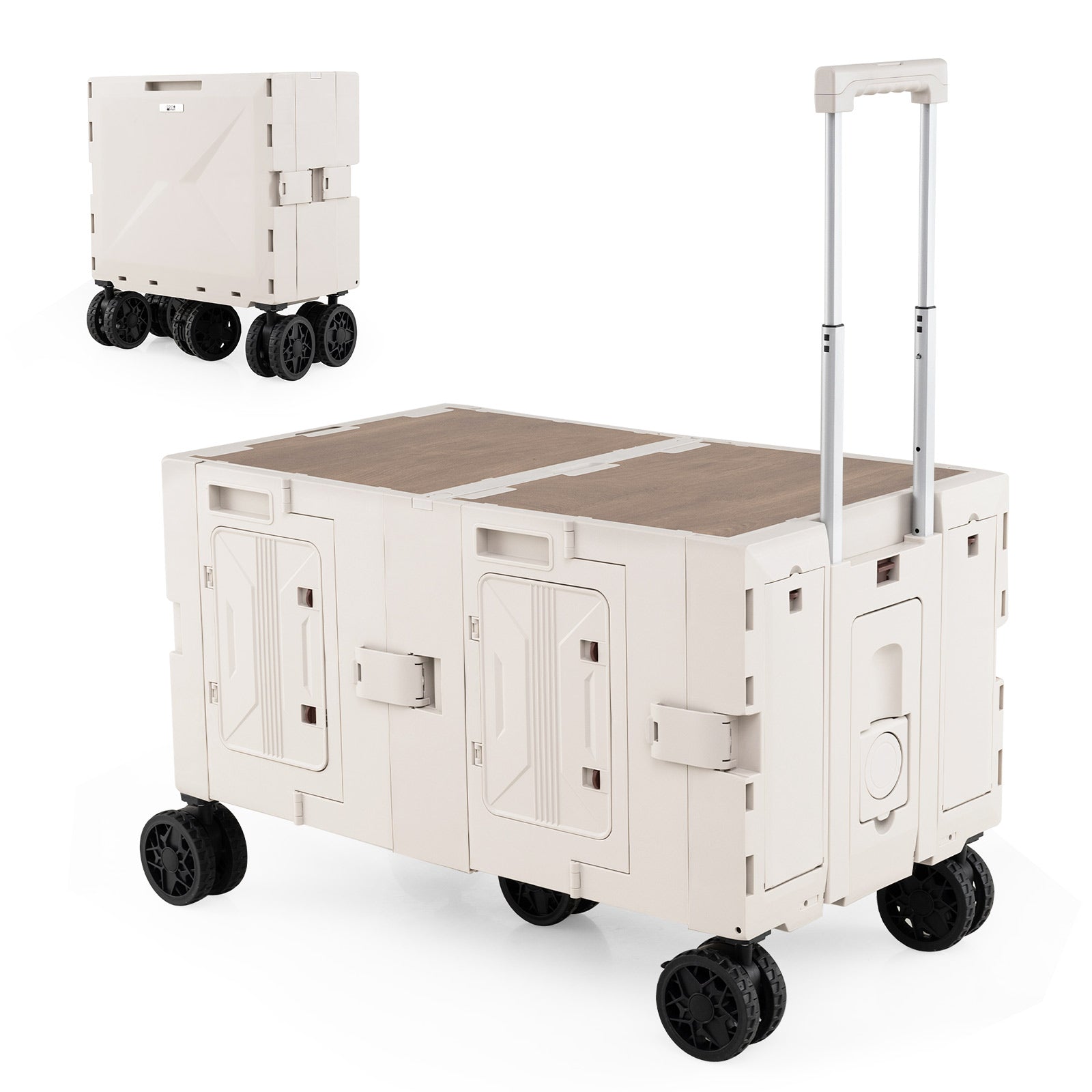 Large Foldable Utility Cart with Storage Crates Rotate Wheels Metal Telescoping Handle-White