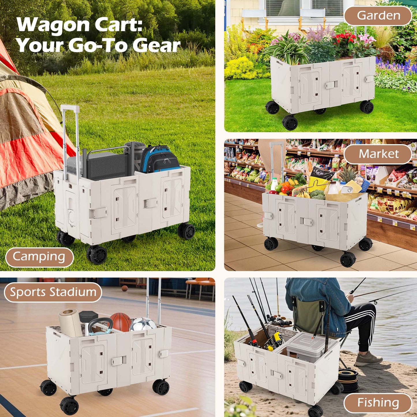 Large Foldable Utility Cart with Storage Crates Rotate Wheels Metal Telescoping Handle-White