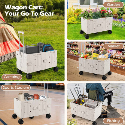 Large Foldable Utility Cart with Storage Crates Rotate Wheels Metal Telescoping Handle-White