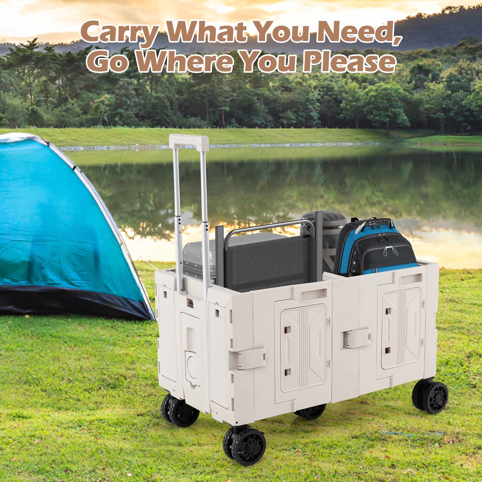 Large Foldable Utility Cart with Storage Crates Rotate Wheels Metal Telescoping Handle-White