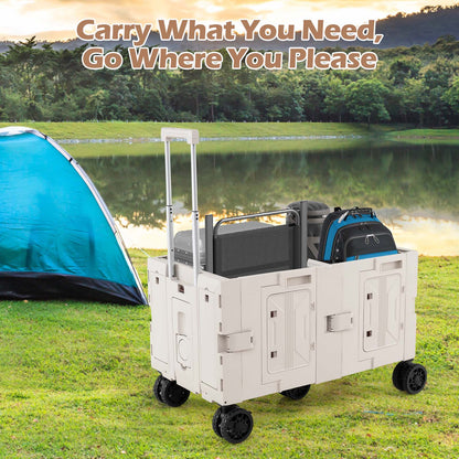 Large Foldable Utility Cart with Storage Crates Rotate Wheels Metal Telescoping Handle-White
