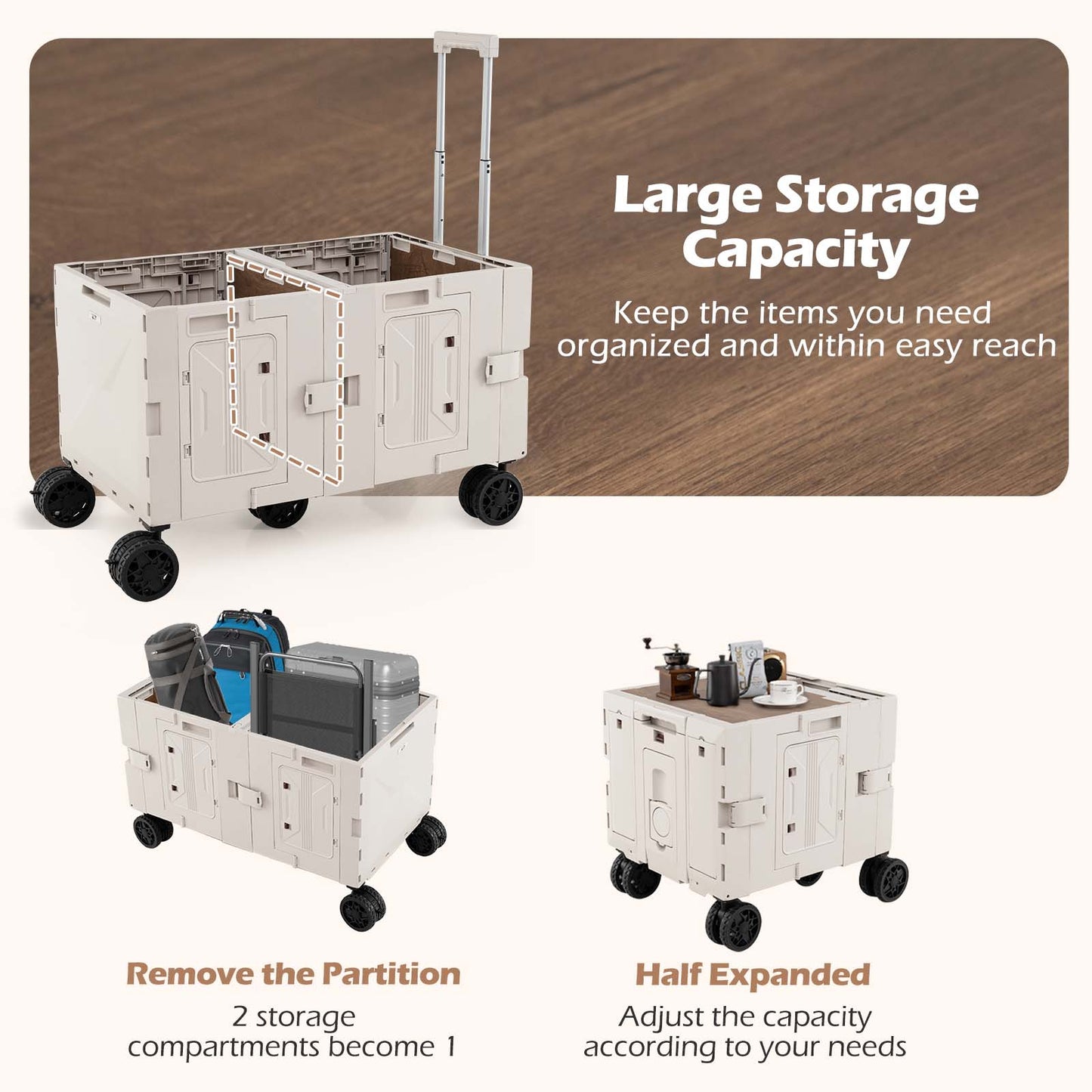 Large Foldable Utility Cart with Storage Crates Rotate Wheels Metal Telescoping Handle-White