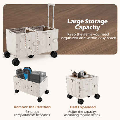Large Foldable Utility Cart with Storage Crates Rotate Wheels Metal Telescoping Handle-White