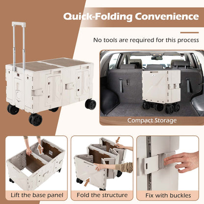 Large Foldable Utility Cart with Storage Crates Rotate Wheels Metal Telescoping Handle-White