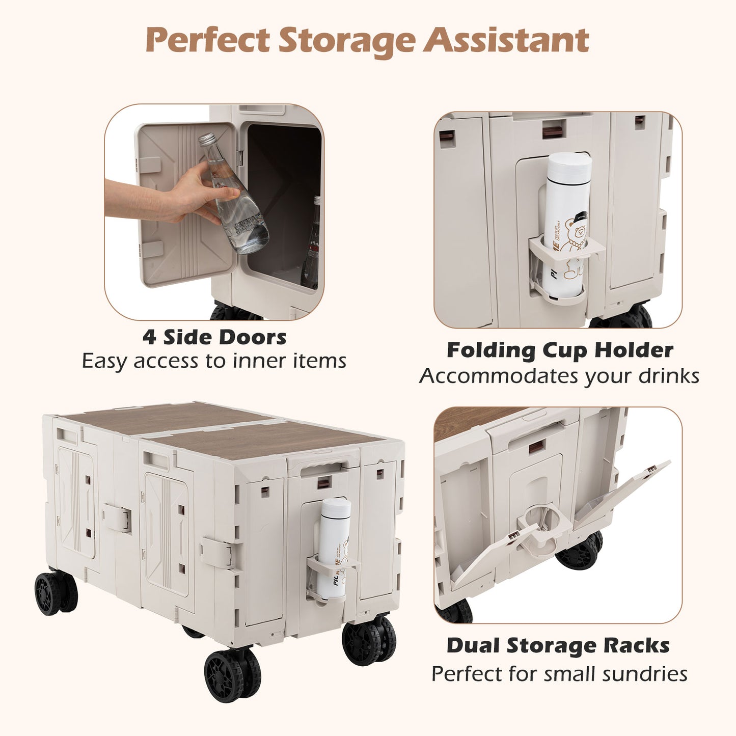 Large Foldable Utility Cart with Storage Crates Rotate Wheels Metal Telescoping Handle-White