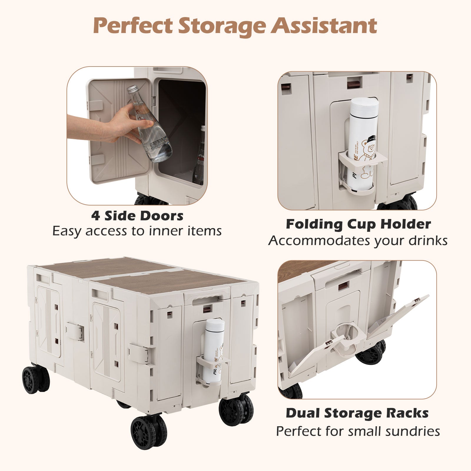 Large Foldable Utility Cart with Storage Crates Rotate Wheels Metal Telescoping Handle-White