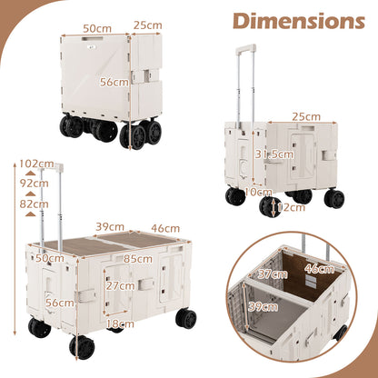 Large Foldable Utility Cart with Storage Crates Rotate Wheels Metal Telescoping Handle-White