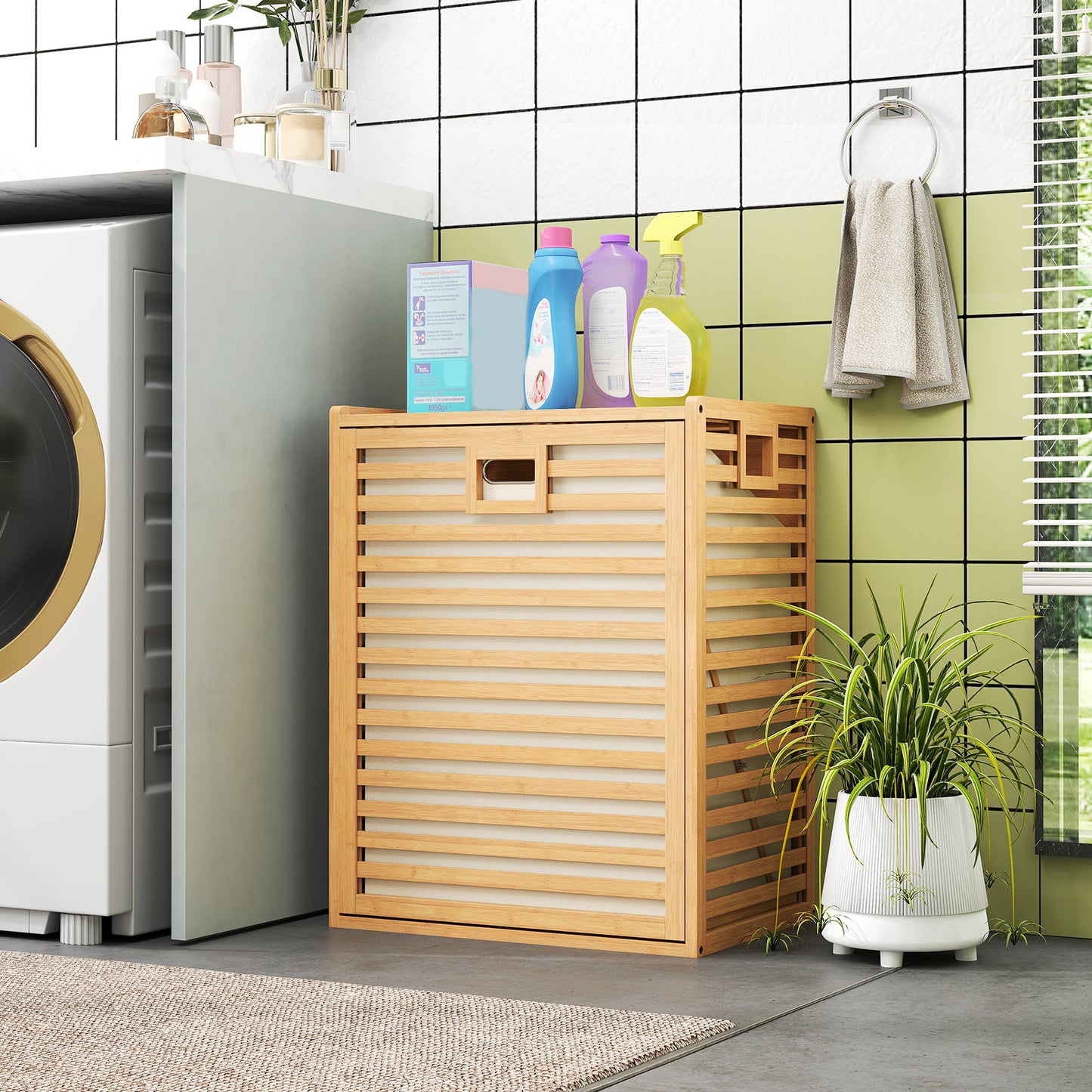 Large Tilt-out Laundry Hamper Bamboo Laundry Cabinet Organizer-Natural