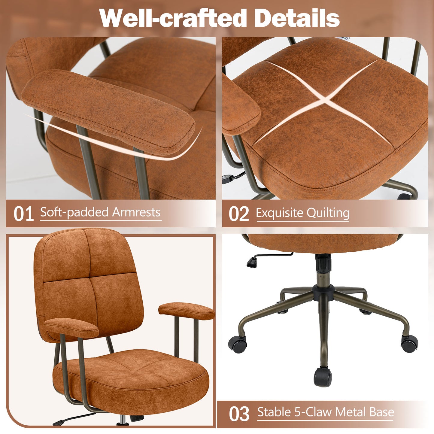 Leathaire Upholstered Task Chair with Cushioned Back and Padded Armrests-Brown