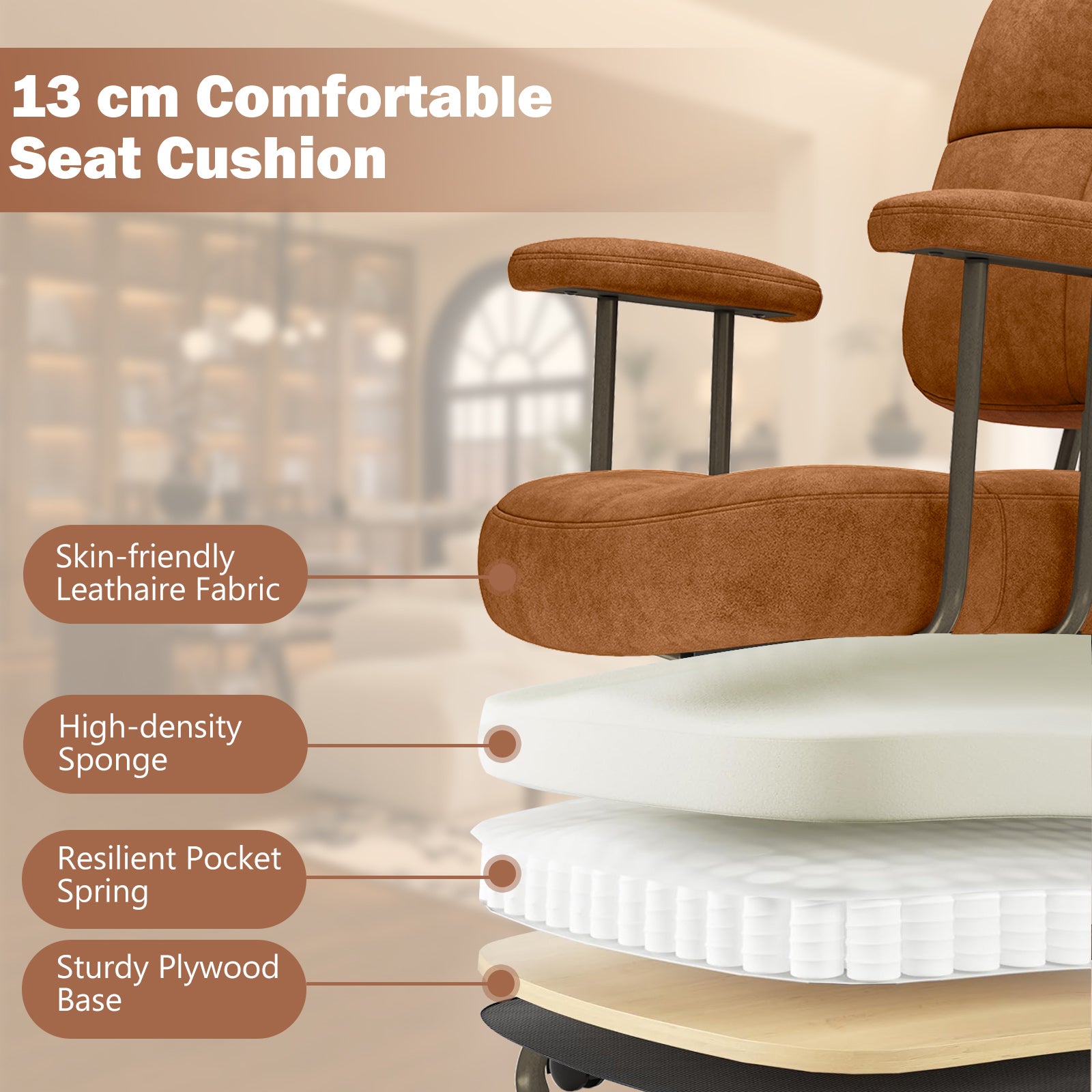 Leathaire Upholstered Task Chair with Cushioned Back and Padded Armrests-Brown