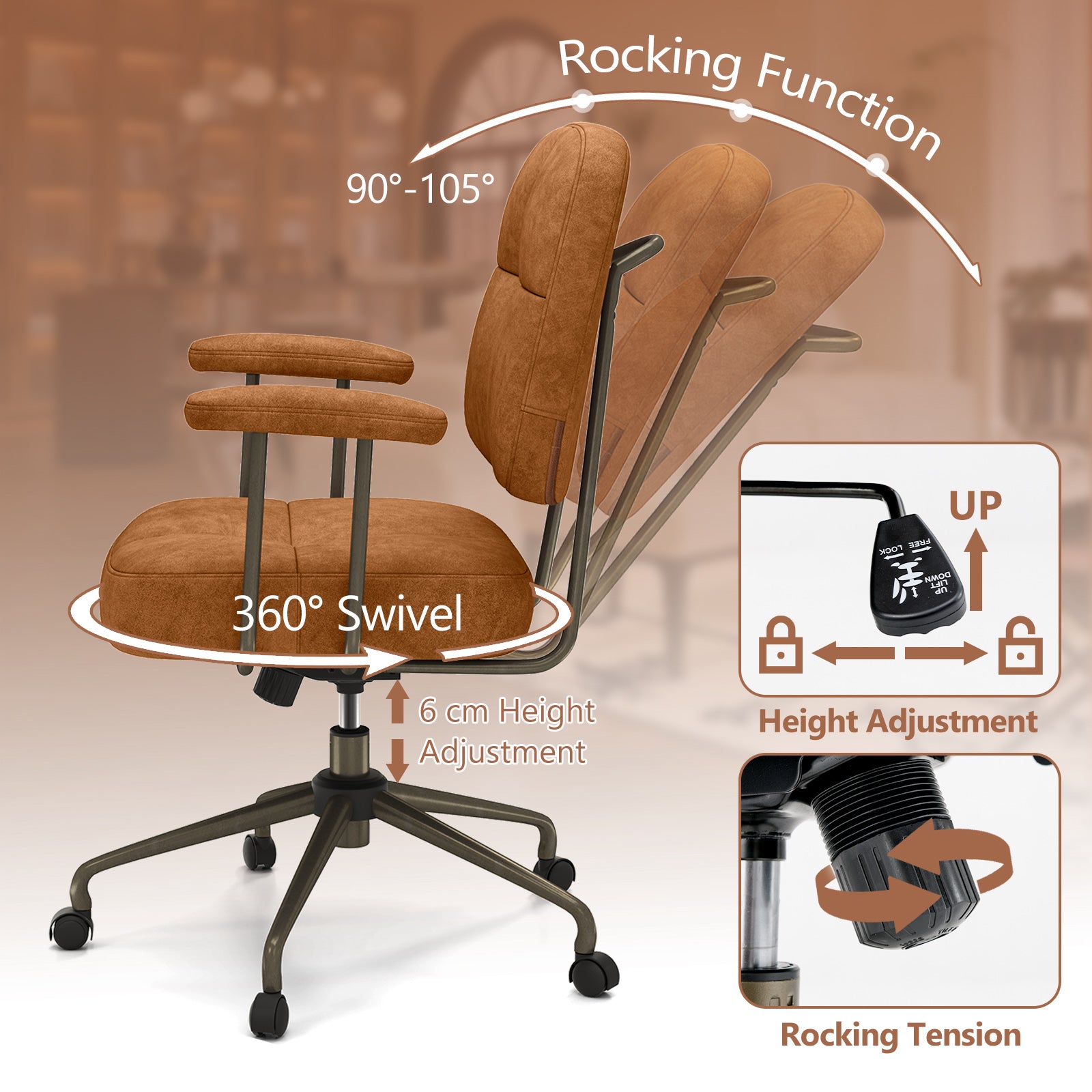 Leathaire Upholstered Task Chair with Cushioned Back and Padded Armrests-Brown