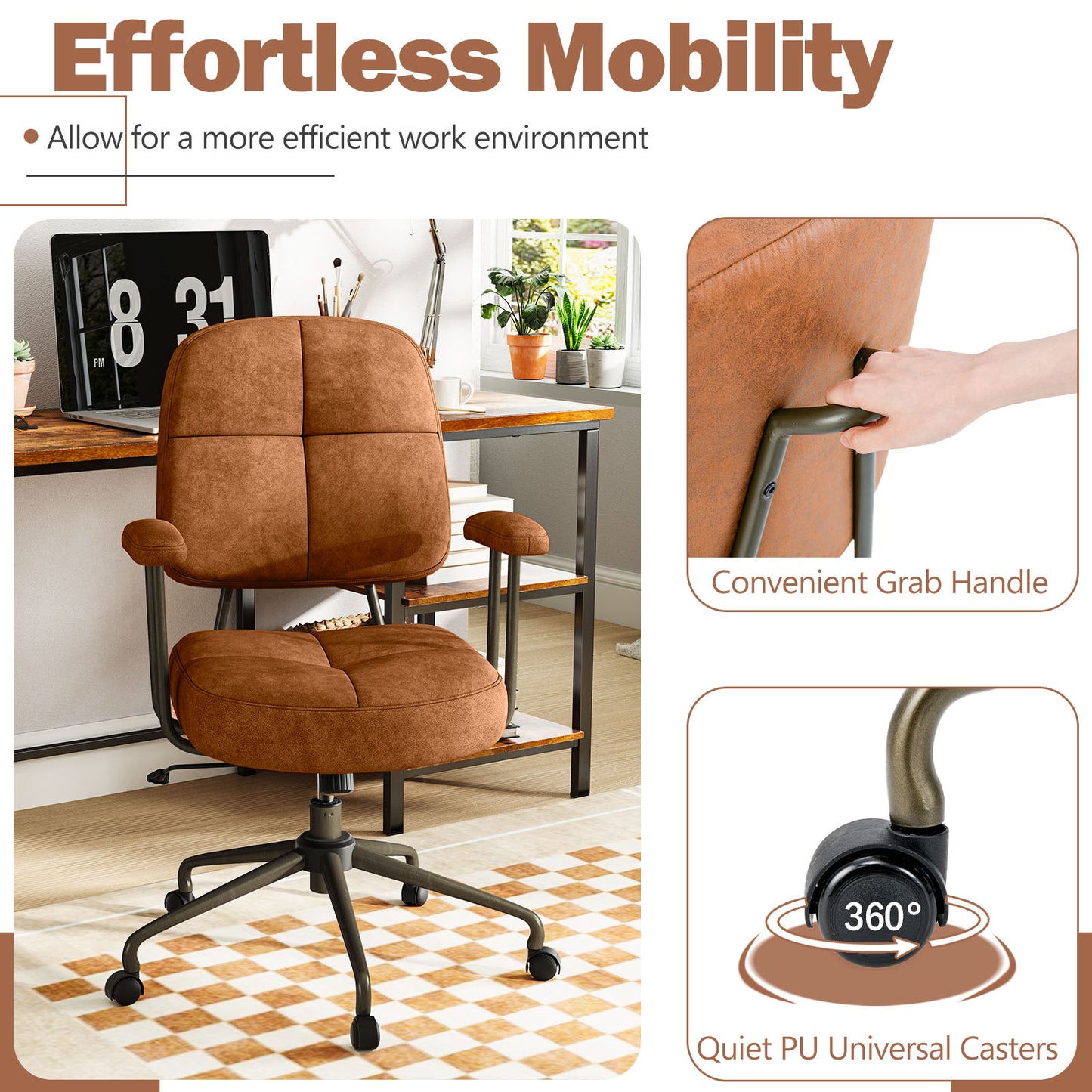Leathaire Upholstered Task Chair with Cushioned Back and Padded Armrests-Brown