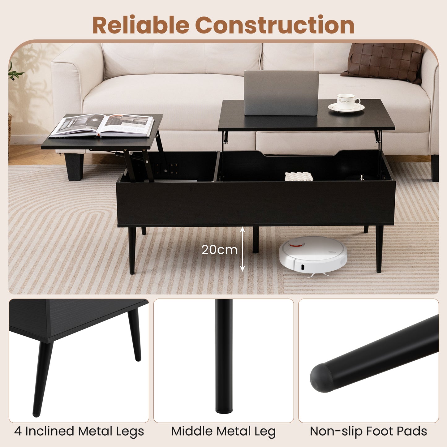 Lift Top Coffee Table with 2 Hidden Storage Compartments and Metal Legs-Black