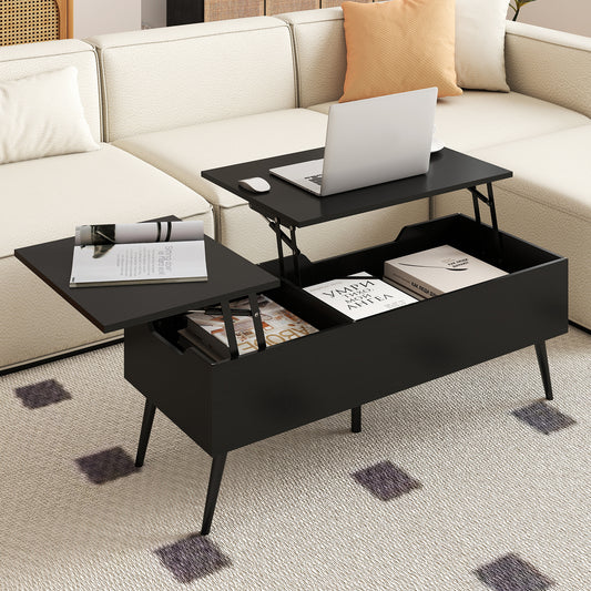 Lift Top Coffee Table with 2 Hidden Storage Compartments and Metal Legs-Black