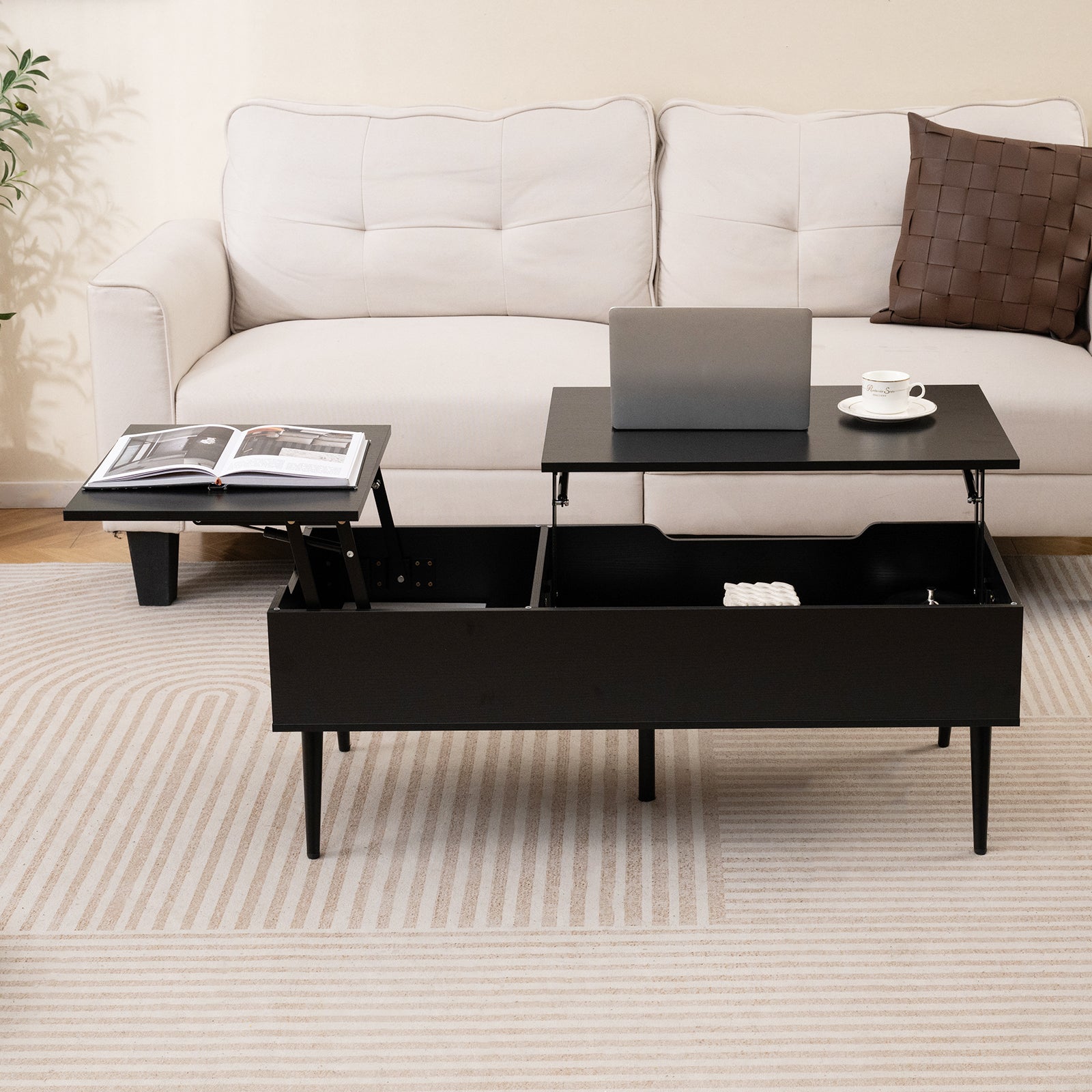 Lift Top Coffee Table with 2 Hidden Storage Compartments and Metal Legs-Black