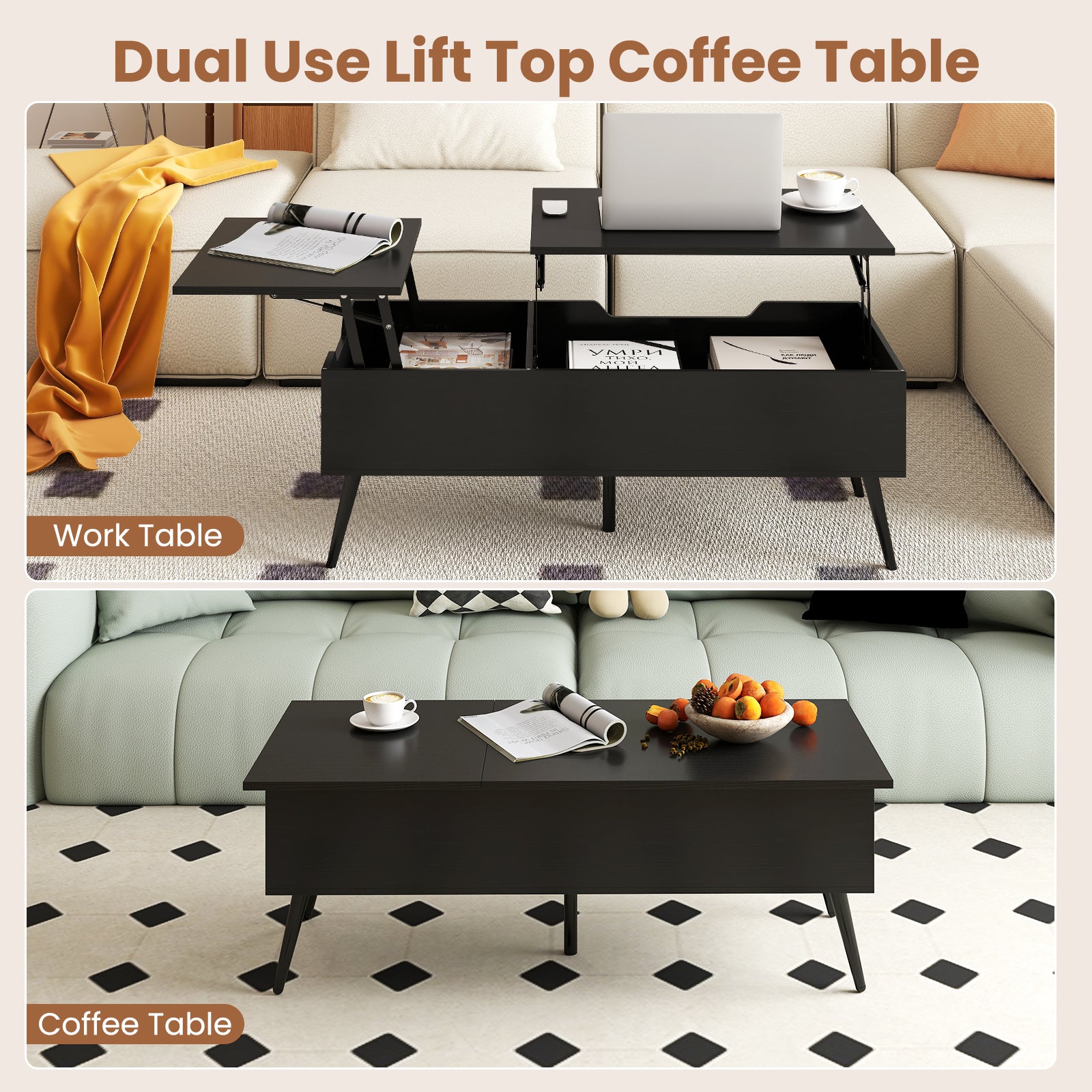 Lift Top Coffee Table with 2 Hidden Storage Compartments and Metal Legs-Black