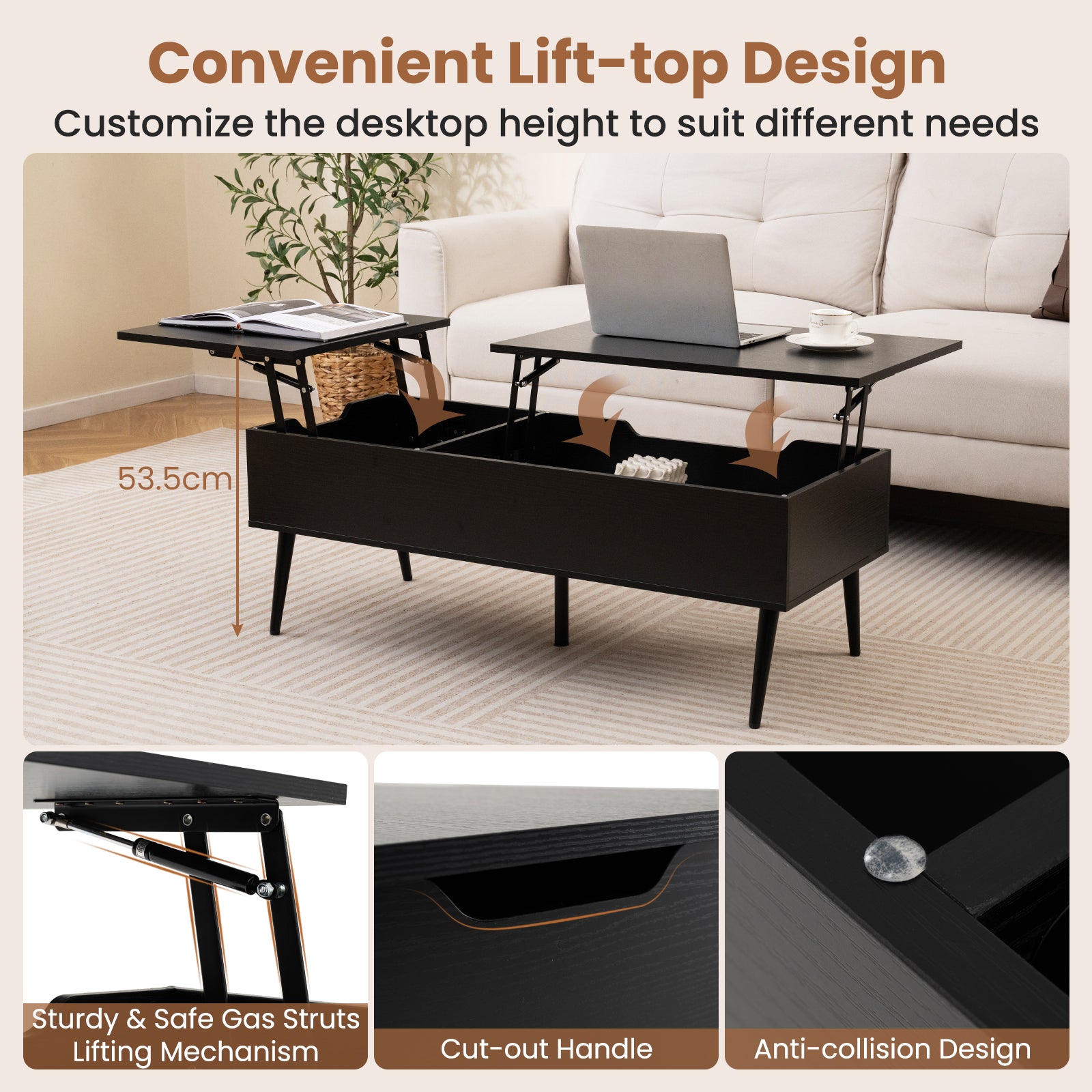 Lift Top Coffee Table with 2 Hidden Storage Compartments and Metal Legs-Black