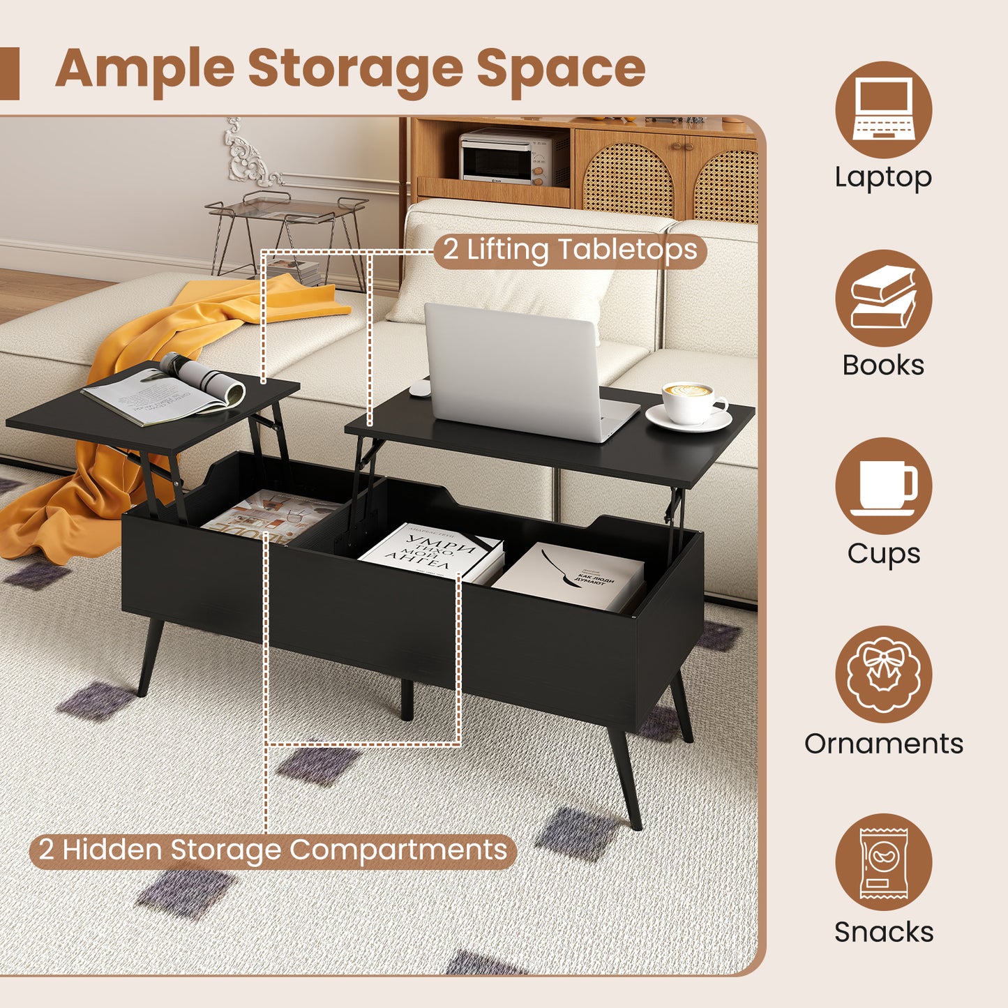 Lift Top Coffee Table with 2 Hidden Storage Compartments and Metal Legs-Black