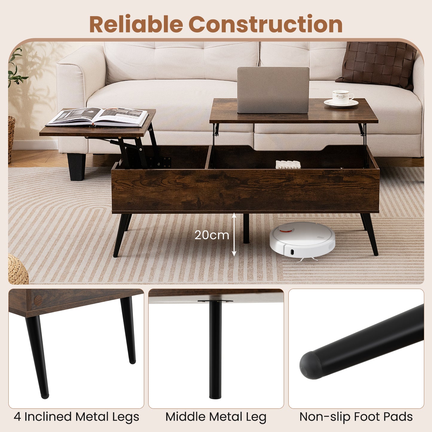 Lift Top Coffee Table with 2 Hidden Storage Compartments and Metal Legs-Rustic Brown