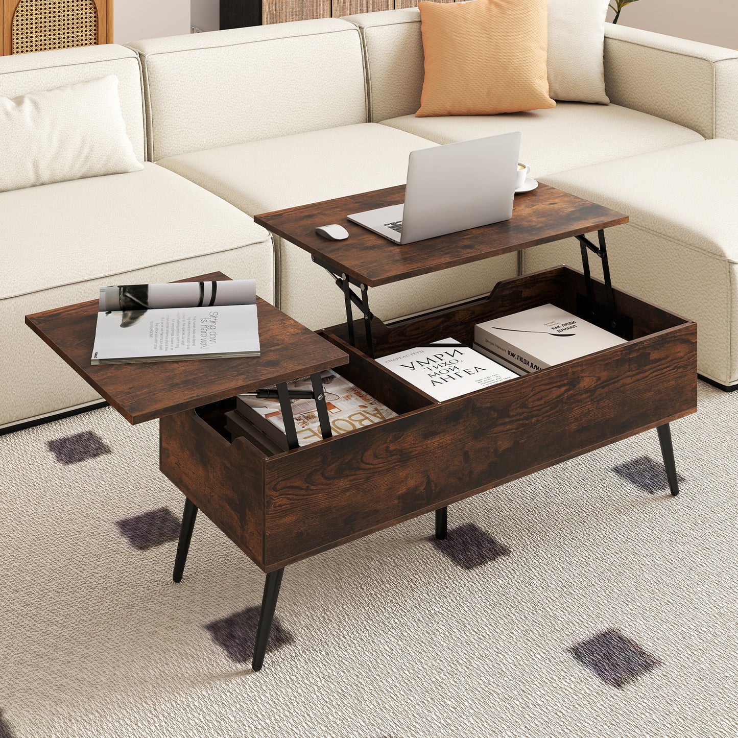 Lift Top Coffee Table with 2 Hidden Storage Compartments and Metal Legs-Rustic Brown
