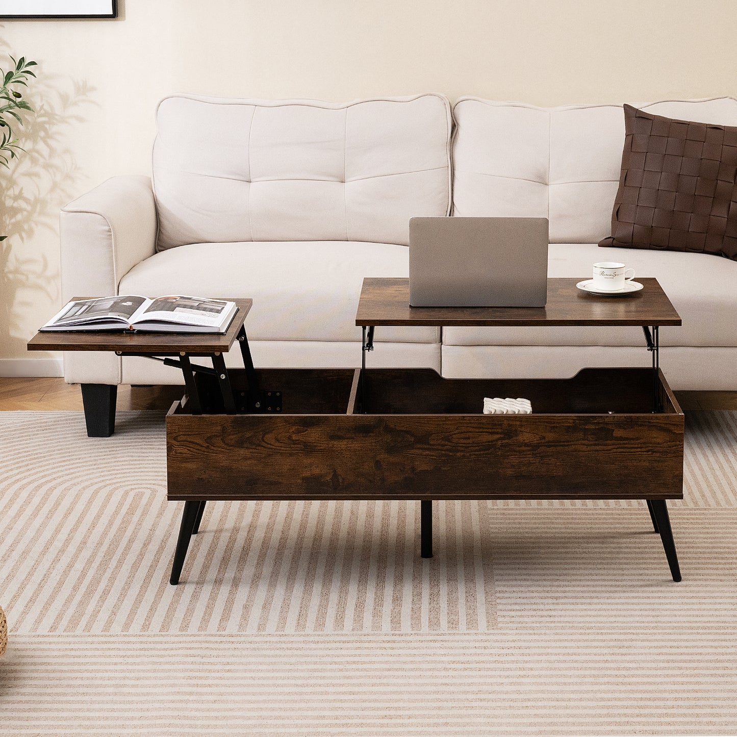 Lift Top Coffee Table with 2 Hidden Storage Compartments and Metal Legs-Rustic Brown