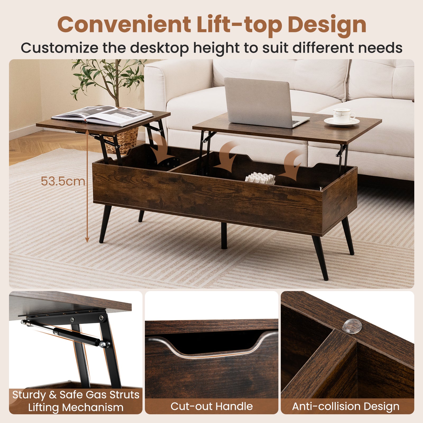 Lift Top Coffee Table with 2 Hidden Storage Compartments and Metal Legs-Rustic Brown