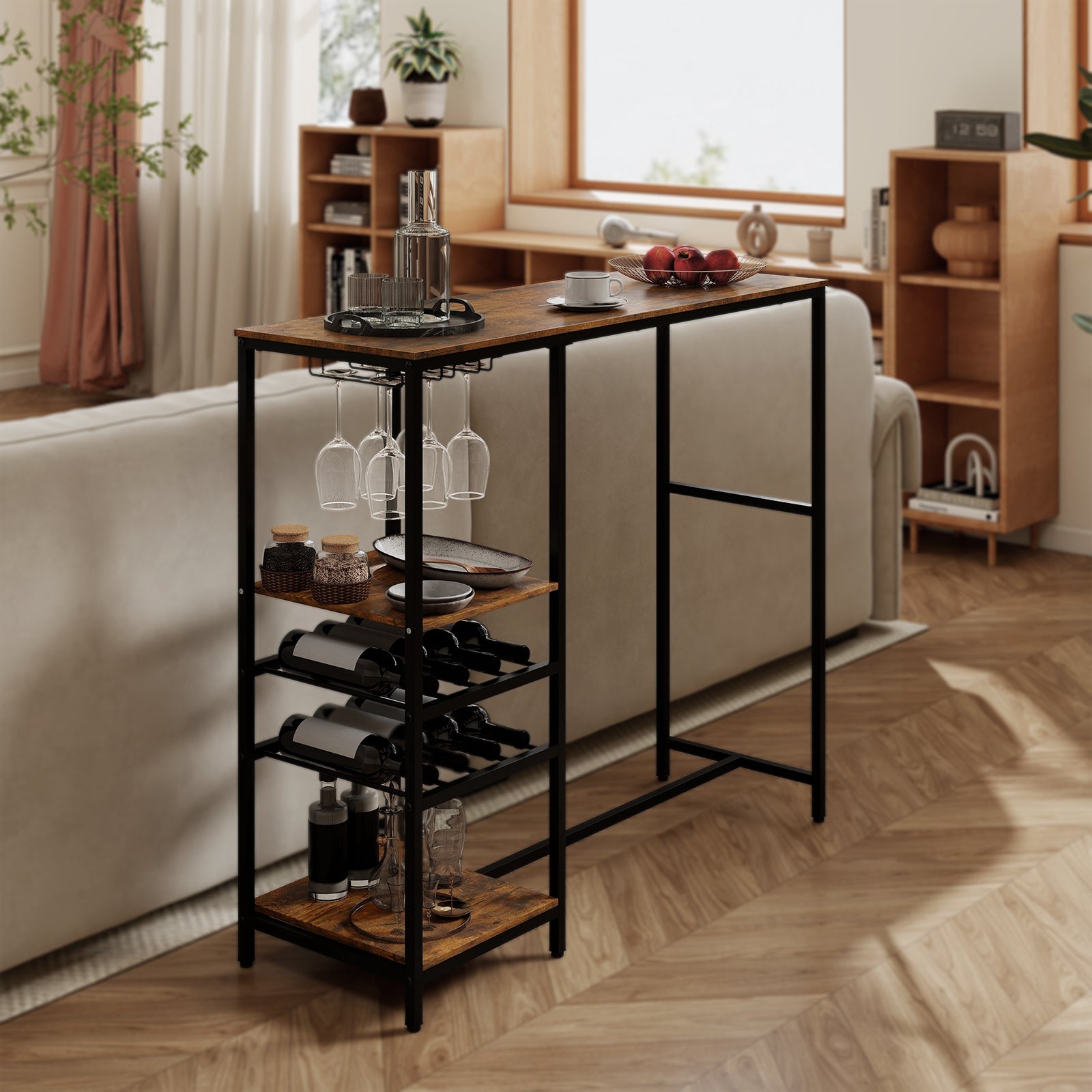 Long Bar Height Dining Table with Wine Racks and Stemware Holders-Coffee
