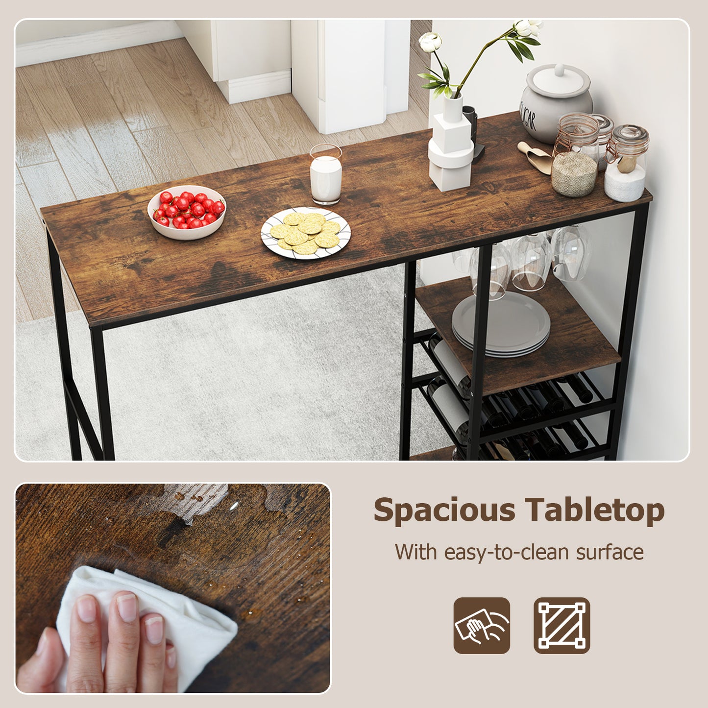 Long Bar Height Dining Table with Wine Racks and Stemware Holders-Coffee