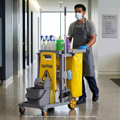 Janitor Cleaning Trolley, Housekeeping Cart, 3 Shelves, Tool Storage Clamp, Wet Sign Hook, Quiet Wheels, Grey