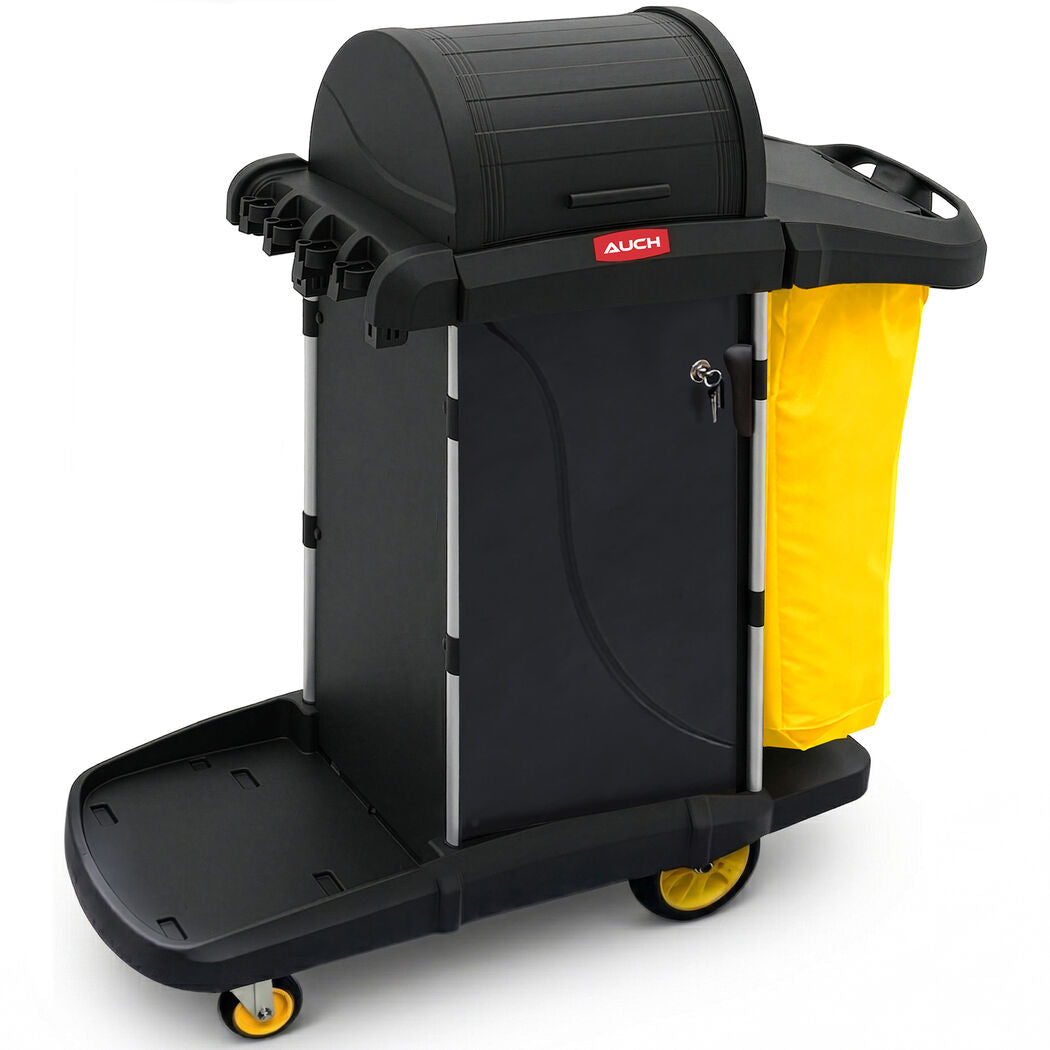 High Security Janitor Cleaning Trolley, Housekeeping Cart, Discrete Hood, Lockable Cabinet with Storage Tubs, Tool Storage, Wet Sign Hooks, Black