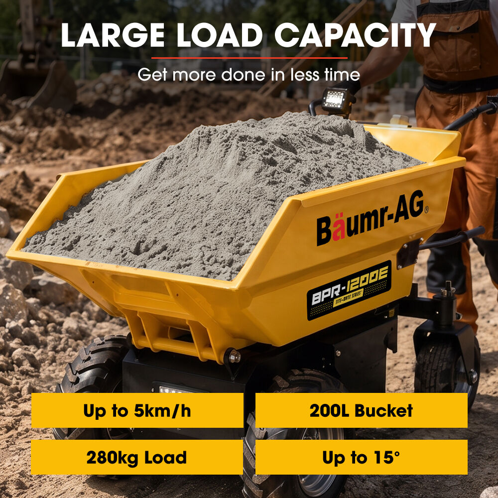 48V Battery Powered Wheelbarrow, 200L Bucket, 1000W Brushless Electric Motor, 280kg Capacity, 8hr Max Runtime