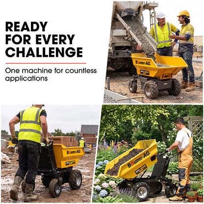 48V Battery Powered Wheelbarrow, 200L Bucket, 1000W Brushless Electric Motor, 280kg Capacity, 8hr Max Runtime