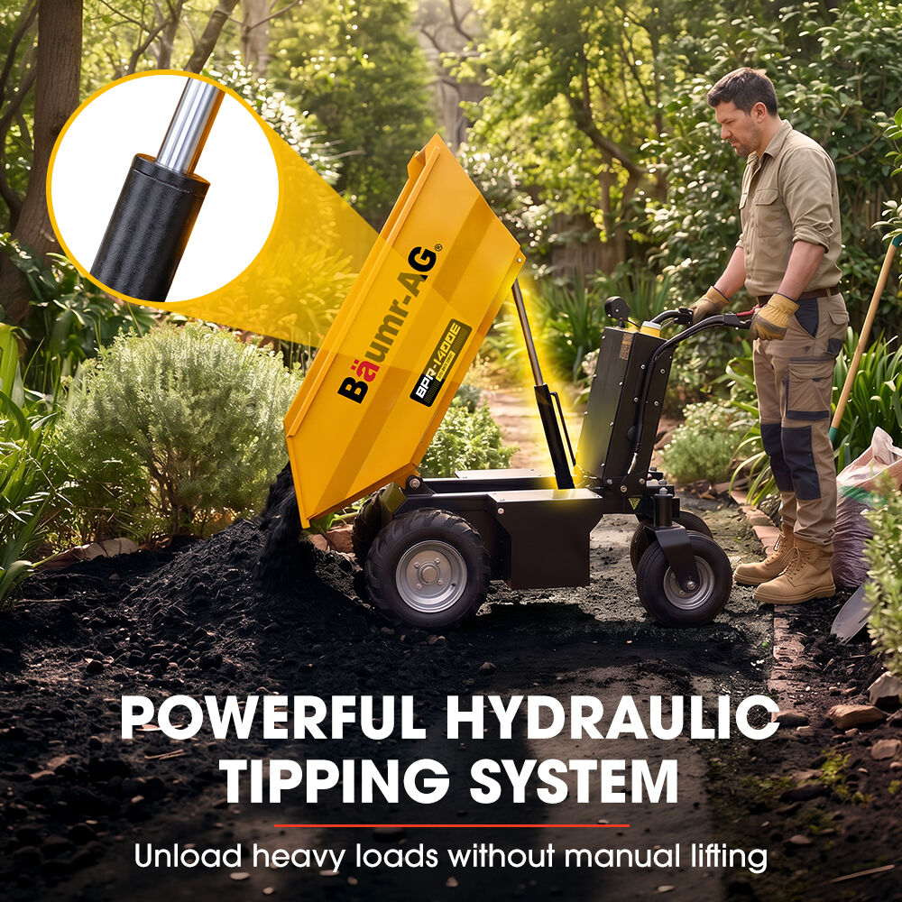 48V Battery Powered Wheelbarrow, Hydraulic 200L Bucket and Flat Bed Tray, 1000W Brushless Electric Motor, 500kg Capacity