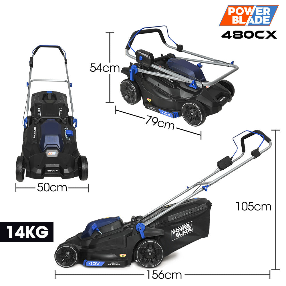 17m Cordless Lawn Mower Kit, 40V, Brushless Motor, 2x4Ah Batteries, 14kg, 6 Heights