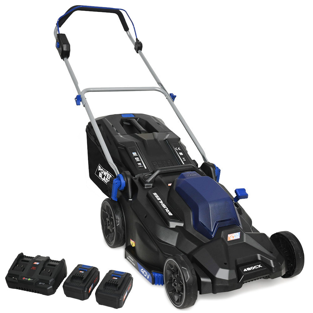 17m Cordless Lawn Mower Kit, 40V, Brushless Motor, 2x4Ah Batteries, 14kg, 6 Heights