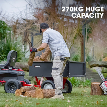 270kg Capacity Steel Dump Cart for Ride-On Mowers with Easy Tipping System