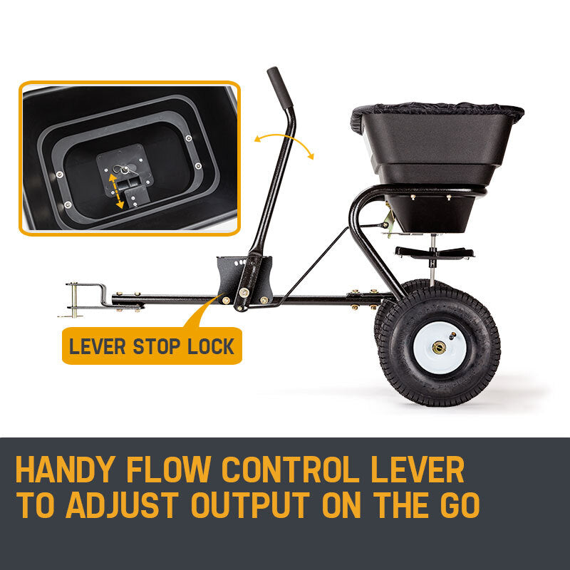 30kg Tow-Behind Spreader with 26L Hopper and Adjustable Flow Control