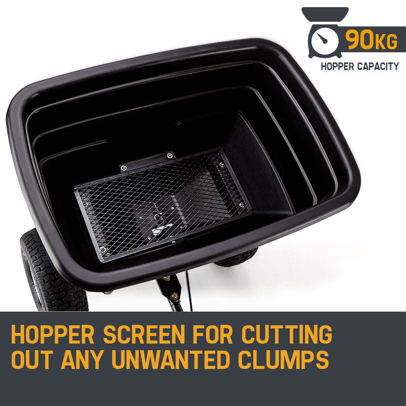 Tow-Behind Broadcast Spreader 90kg Capacity with Poly Hopper and 0.35m Tyres