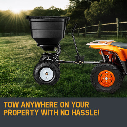 Tow-Behind Broadcast Spreader 90kg Capacity with Poly Hopper and 0.35m Tyres
