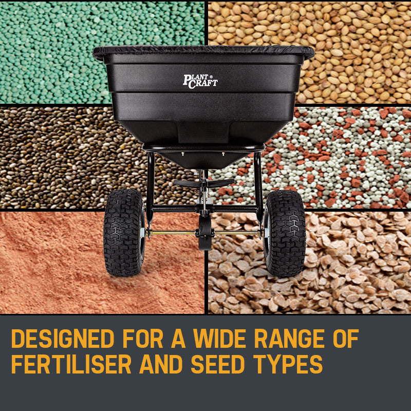 Tow-Behind Broadcast Spreader 90kg Capacity with Poly Hopper and 0.35m Tyres