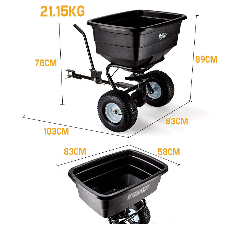 Tow-Behind Broadcast Spreader 90kg Capacity with Poly Hopper and 0.35m Tyres
