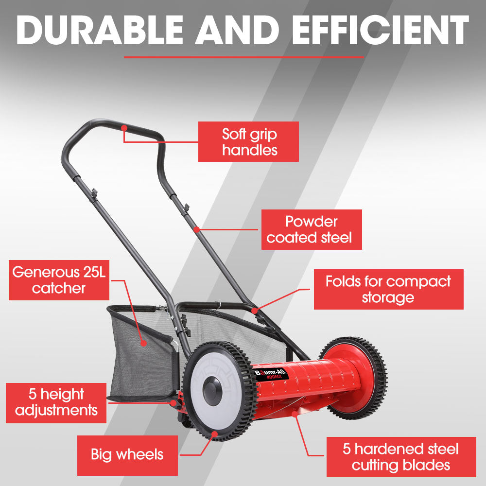 Manual Reel Push Lawn Mower, 0.4m Width, 25L Catcher, 5 Height Settings