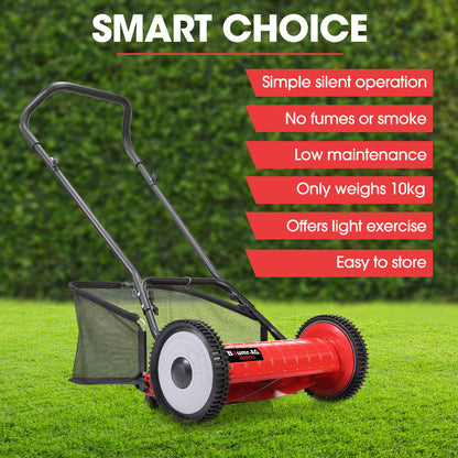 Manual Reel Push Lawn Mower, 0.4m Width, 25L Catcher, 5 Height Settings