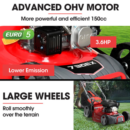 18' 150cc Lawn Mower, 8 Heights, Steel Deck, Cup Holder, 4-Stroke Engine